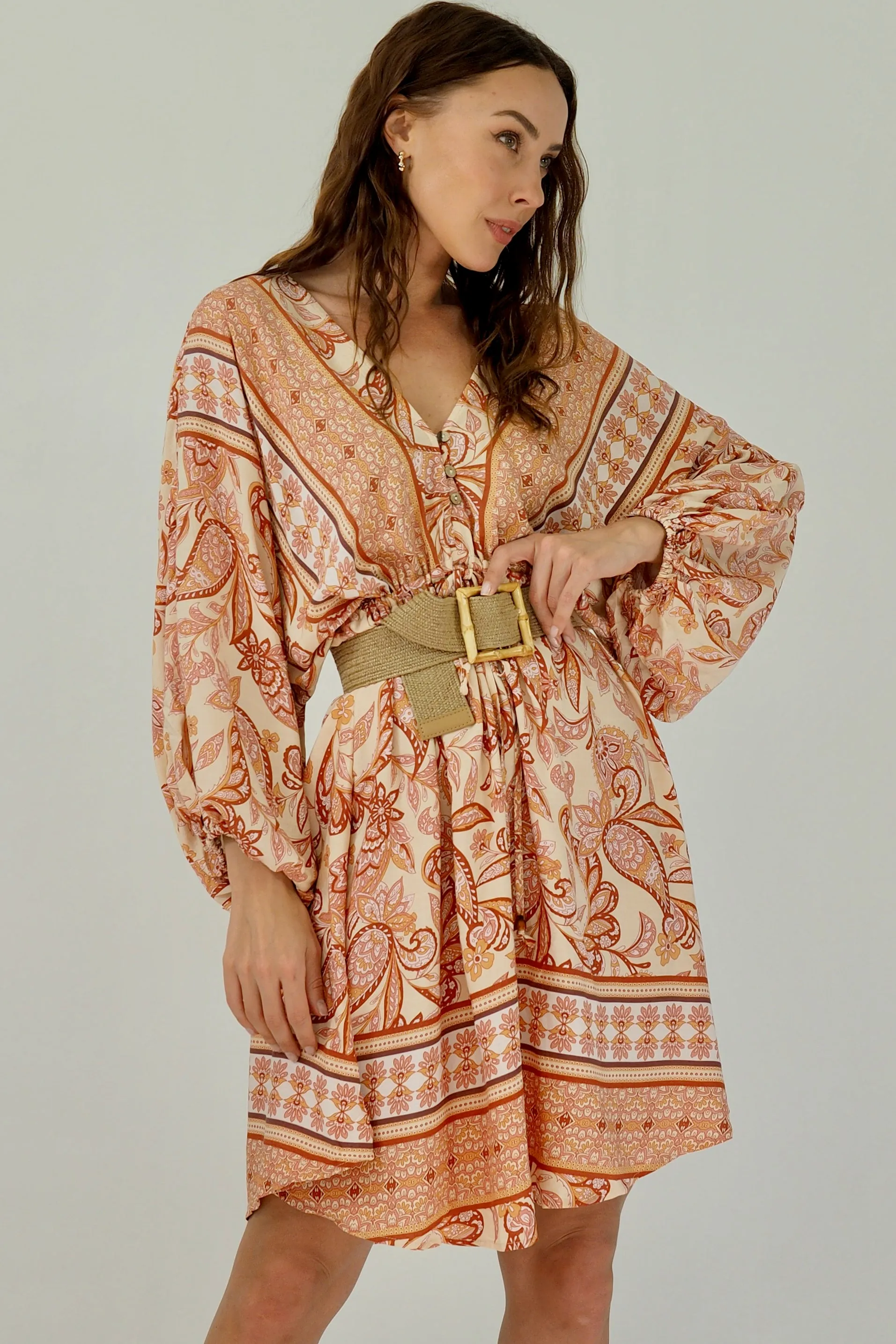 Zena Mini Dress - Orange/Pink/Beige