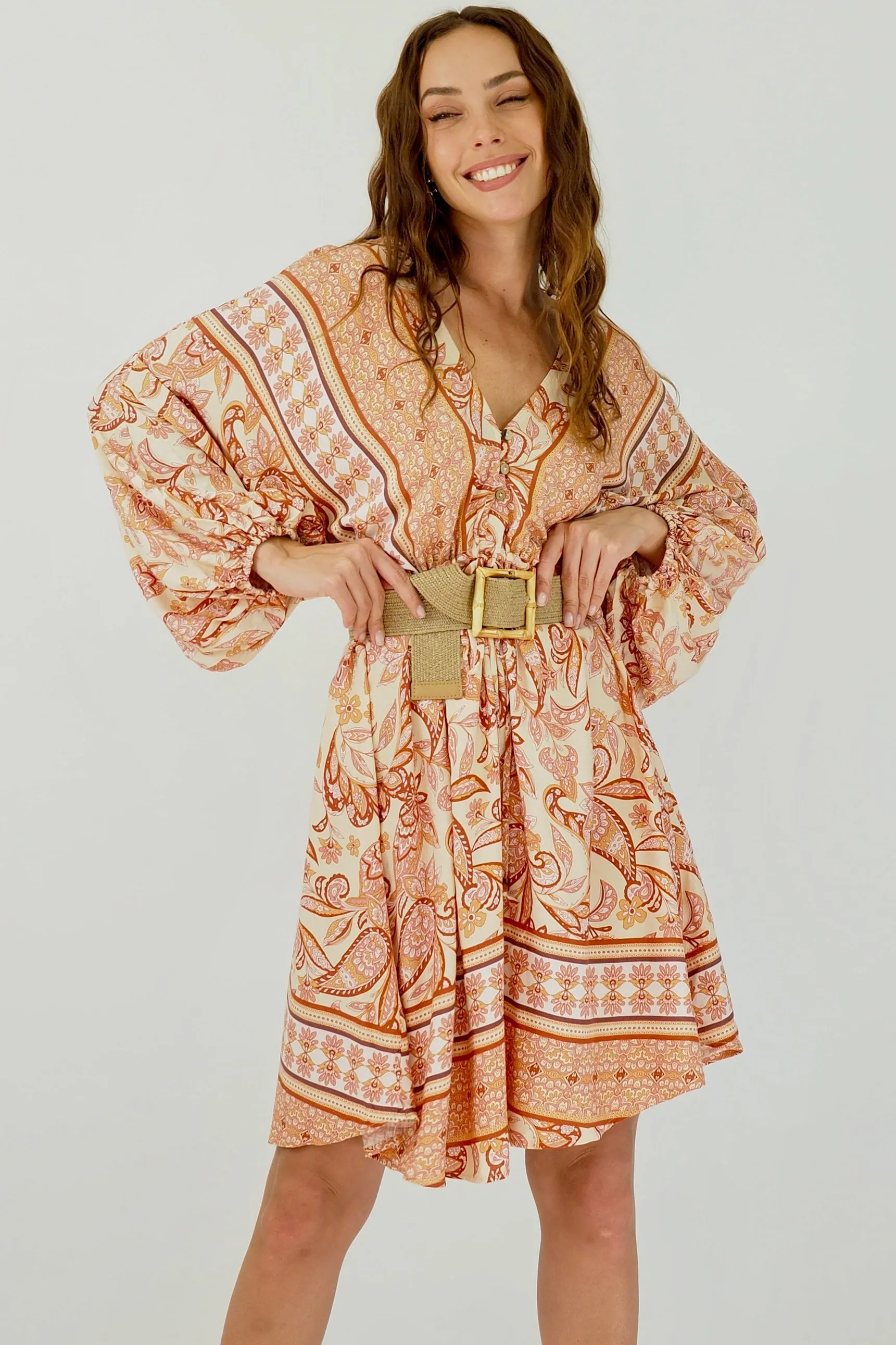 Zena Mini Dress - Orange/Pink/Beige