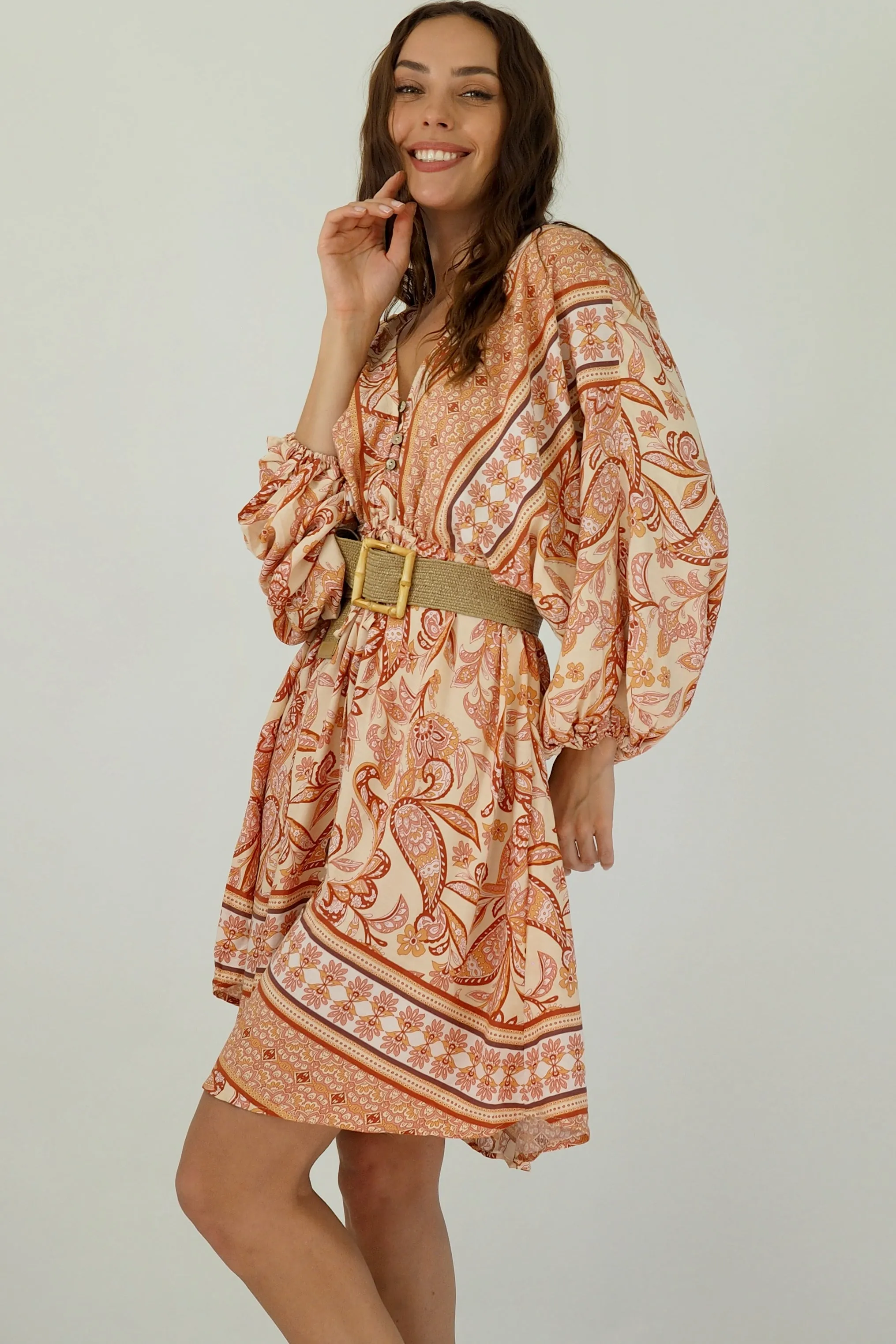 Zena Mini Dress - Orange/Pink/Beige