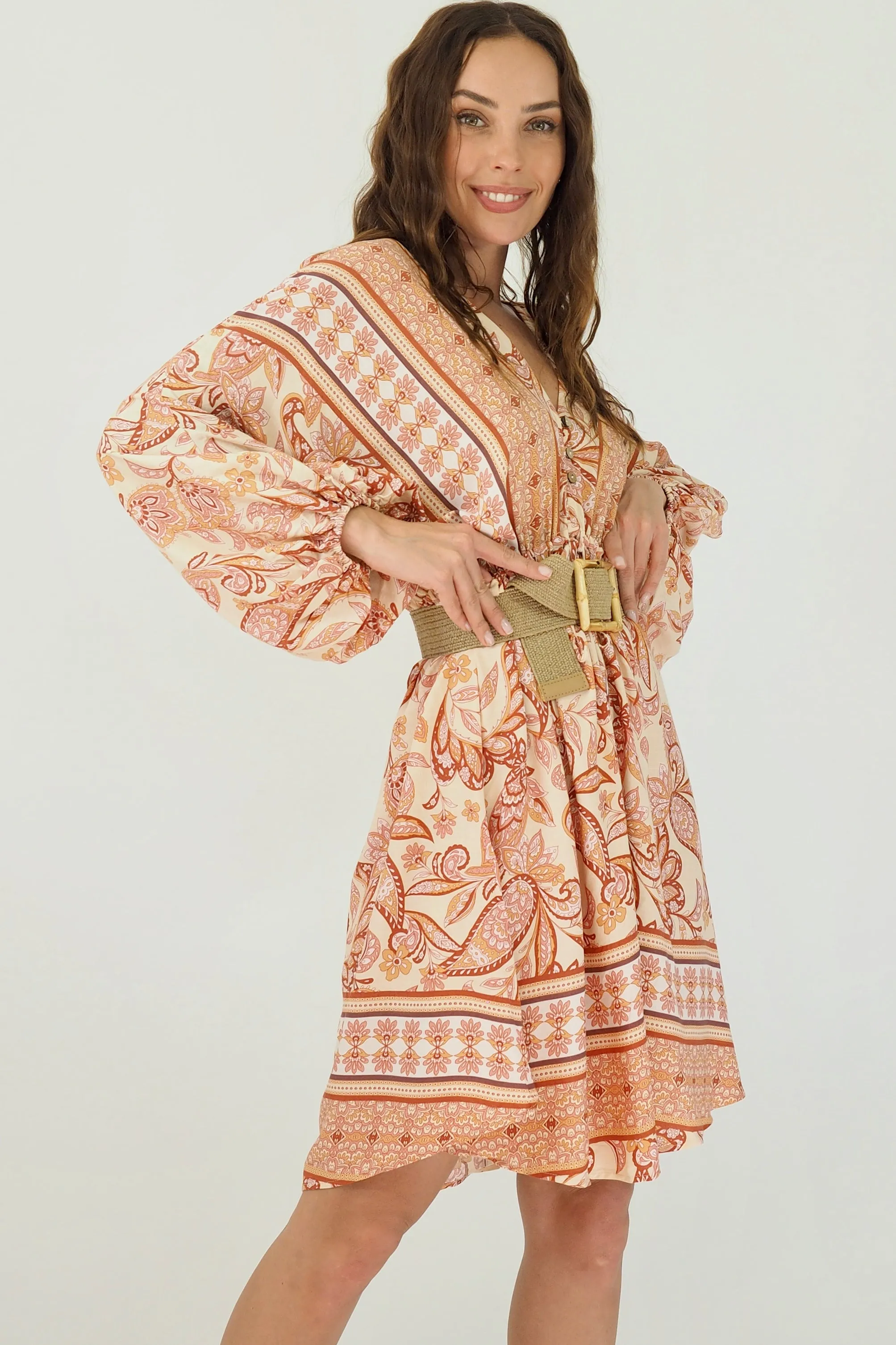 Zena Mini Dress - Orange/Pink/Beige